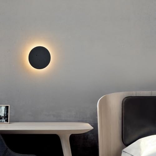 Image of Black Wall Sconce Indoor,Hallway Sconces Wall Lighting Round,Led Cement Wall Lamp Hardwired,Minimalist Wall Mount Light Flat Design,Modern Sconces Lighting for Bedroom,Living Room,12w 3000k,Warm White