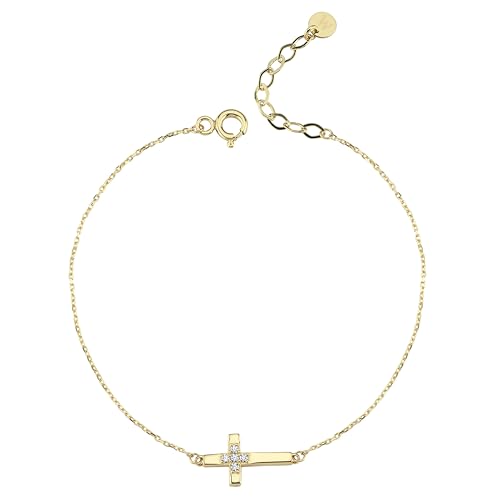 14K Gold Plated Sideways Cross Bracelet for Women – Dainty Adjustable Christian Jewelry with CZ – Religious Gift for Her, Baptism, Gift for Her