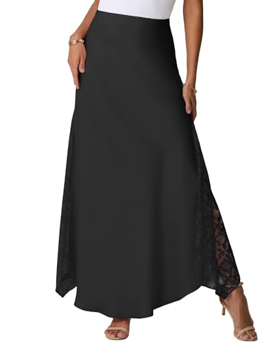 GRECERELLE Faldas largas de satén de verano para mujer, faldas de seda de cintura alta, falda casual acampanada con cremallera para fiestas, bodas, vacaciones, Negro, XL