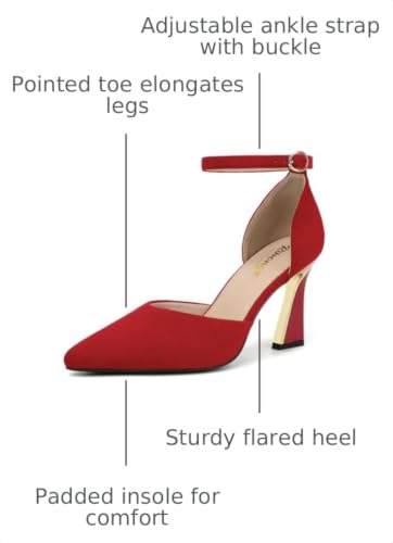 Image of RIBONGZ Comfortable Kitten Heels for Women Pointed Closed Toe Ankle Strap Buckle Heels Slip on Low Heel Church Pumps Wedding Bridal Party Dressy Shoes