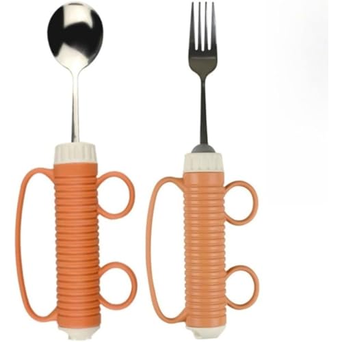 KuBen 高齢者用食器 自助食器 手震えの方にも安心の滑り止めハンドル オレンジ 介護用食器 セット (フォーク + スプーン)