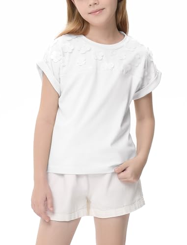Girls Short Sleeve T-Shirt Top Solid Roll Up Cuffs Crew Neck Fashion Tees with Spliced 3D Floral 3-12Y3