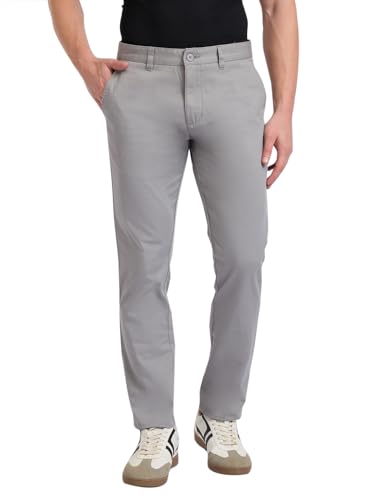 Image of Parx Men Low Rise Tapered Fit Solid Pattern Cotton Blend Flat Front Casual Trouser