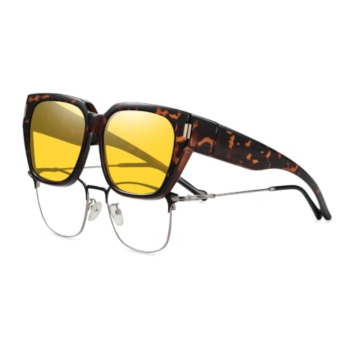 Image of HAOLOTA Night Vision Driving Glasses Fit Over Glasses for Women Men, Anti Glare Polarized Nighttime Yellow Lens