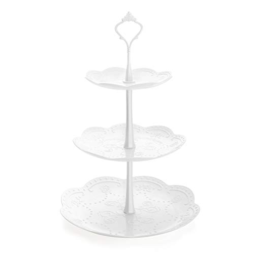 Nuovoware Alzata, Alza Torta 3 Piani in Plastica con Piatti Rotondi da 16cm/ 20,5 cm/ 26 cm, Accessori Pasticeria, Dolci, Alzata per Dolci, Biscotti, muffin, Panini, Frutta - Pastini Bianco