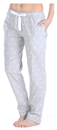 PajamaMania Womens Cotton Flannel Pajama PJ Pants with Pockets Grey Polka Dot Large