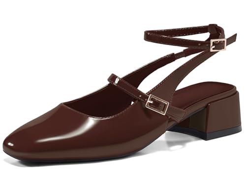 Coutgo Womens Mary Jane Chunky Low Heels Closed Square Toe Ankle Strap Pumps Wedding Party Dress Shoes Coffee Size 8