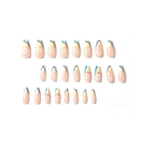 Image of French Tip Press on Nails Yellow Blue Fake Nails with White Flower Design Nude Glossy Glue on Nails Medium Coffin False Nails Artificial Acrylic Full Cover Stick on Nails for Women Manicure 24Pcs