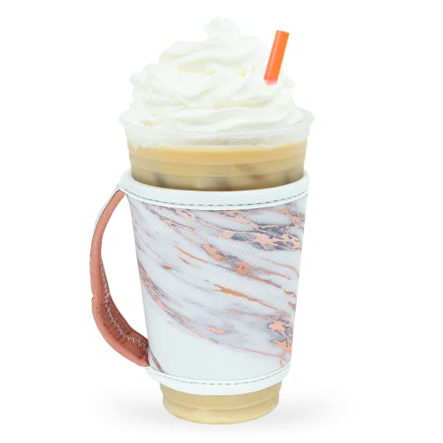 GoCuff-Hot-And-Iced-Coffee-Cup-Reusable-Sleeves-Neoprene-Insulator-with-Handle-for-Cold-And-Hot-Beverage-Coozies-For-Soda-Latte-Tea-and-Other-Coffee-Cups--Rose-Gold-Marble-Bottomless-Medium
