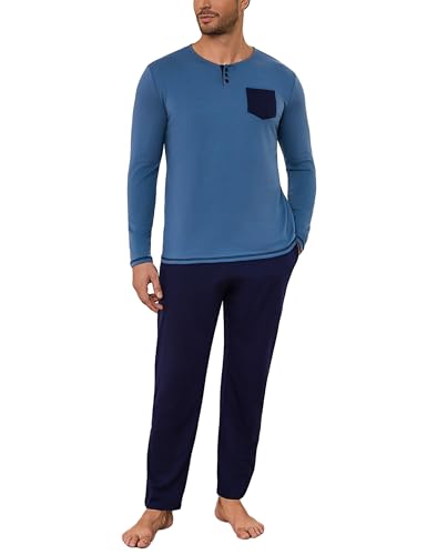 Bresdk Pijama Invierno Hombre Algodon Camiseta Henley de Manga Larga Loungewear, Azul Cobalto, XXL