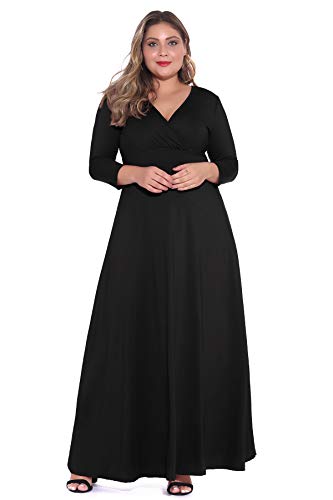 Poseshe Women's Solid V-Neck 3/4 Sleeve Plus Size Evening Party Maxi Dress Black 3X-Large #TOP3