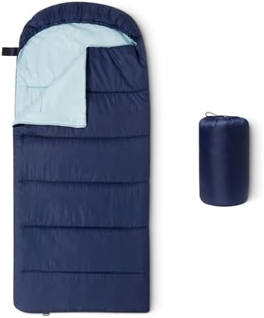 Amazon Basics Kids Sleeping Bags, Lightweight Portable Camping Sleeping Bag for Boys and Girls, 3-Season Warm Weather, Compact with Compression Sack, Navy Blue, 66 x 29in