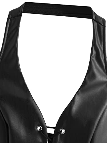 SweatyRocks Women's Faux Leather Crop Tank Top Lace Up Tie Front Halter Tops4