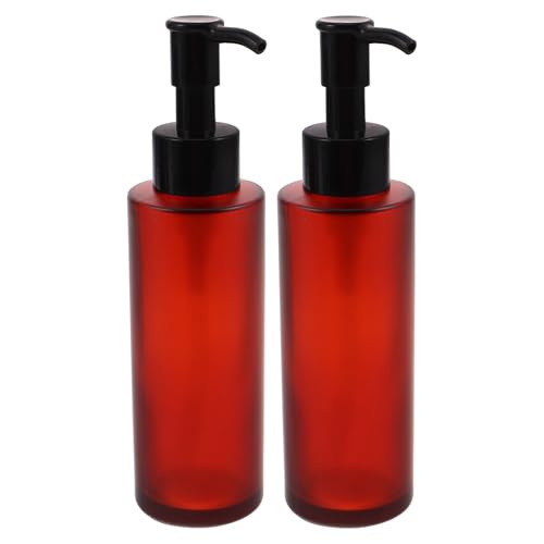 MUCKLILY Botellas de Vidrio Ámbar 100 Ml para Cosméticos 2 Piezas Bomba Dispensadora Antigoteo Color Burdeos Envases Rellenables Ideales para Desmaquillante Loción y Viaje