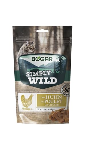 Bogar - Simply Wild - Chuches Gatos - Comida Gatos como Complemento de la Alimentación Habitual - Chips con Sabor a Pollo Apetitosas - En Forma de Deliciosas Tiras de Carne - Snack Nutritivo - 50G