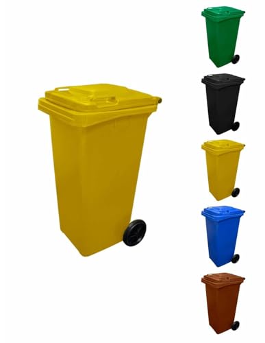 JARDIN202 - Contenedor de Basura Reciclables de Colores con Ruedas | Mango antideslizante | 120 L (Amarilla)