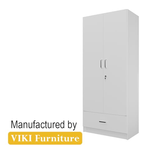Image of VIKI Wardrobe | Wooden Almirah for 2 Door Wardrobe with 1 Drawer & Hanging Space (Frosty White - 40D x 80W x 180.8H) | 1 Year Warranty | Free Assembly