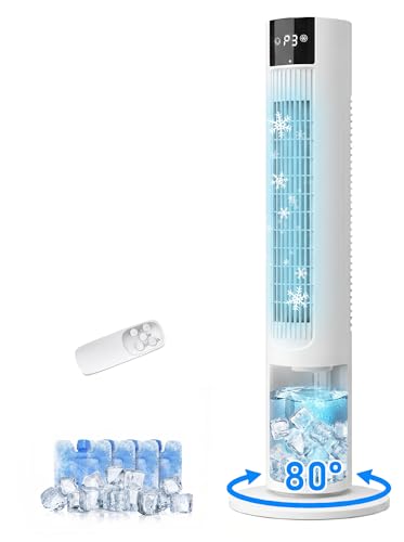Image of Portable Air Conditioners, 35" Evaporative Air Cooler, 3-In-1 AC Tower Fan That Blows Cold Air, 3 Speeds, 4 Ice Packs, 12H Timer, 80° Oscillation, Remote, Swamp Cooler for Room, Bedroom, Indoor