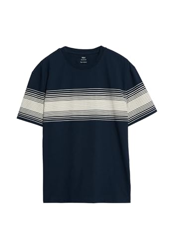 Marks & Spencer Camiseta 100% algodón de Rayas en el Pecho y Cuello Redondo Azul Marino Oscuro M