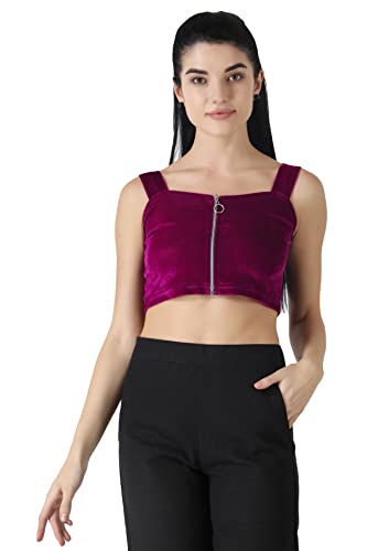 Image of POPWINGS Casual Solid Dusky Pink Velvet Front Zipper Crop Top for Women || Stylish Western Crop Top for Women || Sleeveless Women Top for Summer || Square Neck Stylish Top