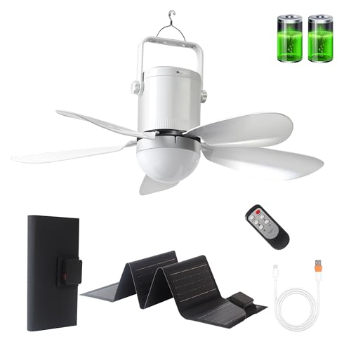 Image of Solar Ceiling Fan with Light, 21600mAh Rechargeable Battery, 23W Foldable Solar Panel, DC Brushless Quiet Fan, 3 Installation Ways, for Gazebo, Patio, Camping Tent, Garage, RV, Emergency Use