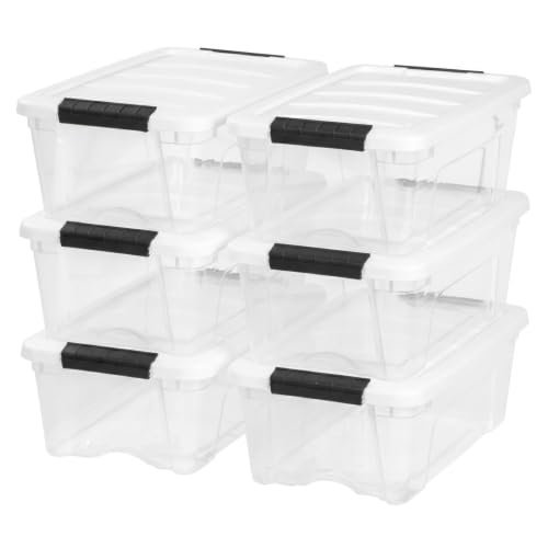 Image of IRIS USA 13 Qt Storage Bins with Lids, 6 Pack, Clear /White | Compact storage for shoes, crafts, office supplies, personal items, closet organization, and small-space storage.