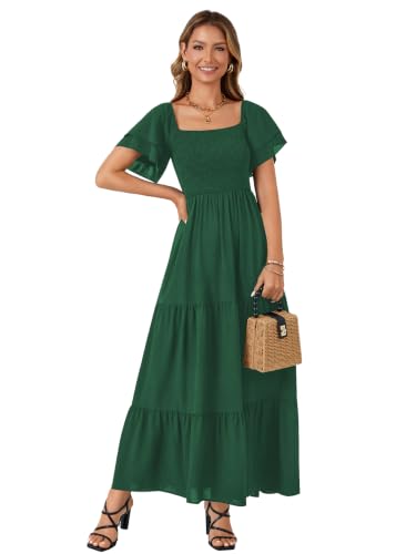 Image of LYANER Women's Square Neck Midi Dress | Summer Ruffle Short Sleeve Smocked Tiered Ruched Flowy A Line Party Casual Dresses