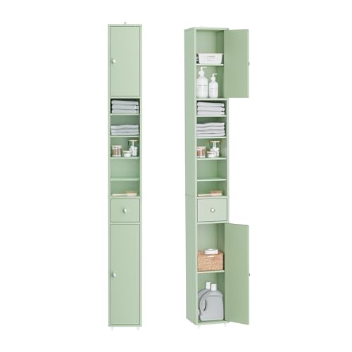 SoBuy Colonna Bagno Stretta – Mobile Bagno Idrorepellente, Alto con Ripiani Regolabili e Cassetto – Armadietto Salvaspazio, MDF, Verde Chiaro, 20x180x20cm, BZR34-II-GR