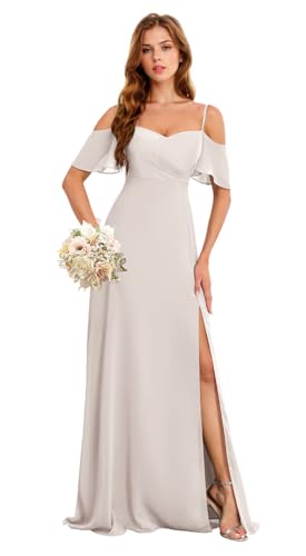 Image of Plus Size Bridesmaid Dresses with Slit Chiffon Bridesmaid Wedding Guest Dresses Formal Evening Gowns for Women US24W HGR93 Ivory