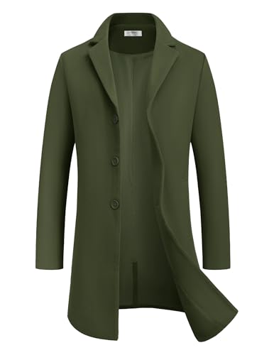 COOFANDY Mens Trench Jacket Green Long Wool Coat Casual Slim Fit Overcoat Classic Business Long Sleeve Pea Coat Jacket