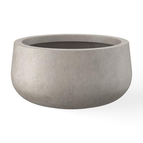 Kante 15.7' Dia Round Concrete Planter, Outdoor Indoor Garden Plant Pots with Drainage Hole and Rubber Plug, Modern Curvaceous Design, Weathered Concrete