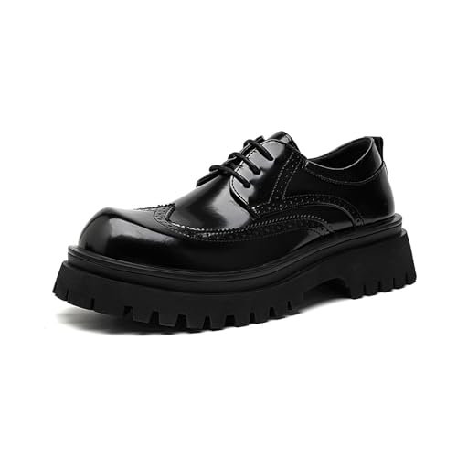 Men's Patent Leather Wingtip Chunky Platform Oxford Shoes Vintage Round Toe Lug Sole Non-Slip Lace-Up Business Derby Shoes for Evening Parties, Weddings, Work