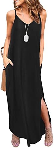 HUSKARY Hawaiian Dresses for Women Summer Maxi Dress Spaghetti Strap Long Loose Beach Cover Up Cami Maxi Dress with Pocket Black