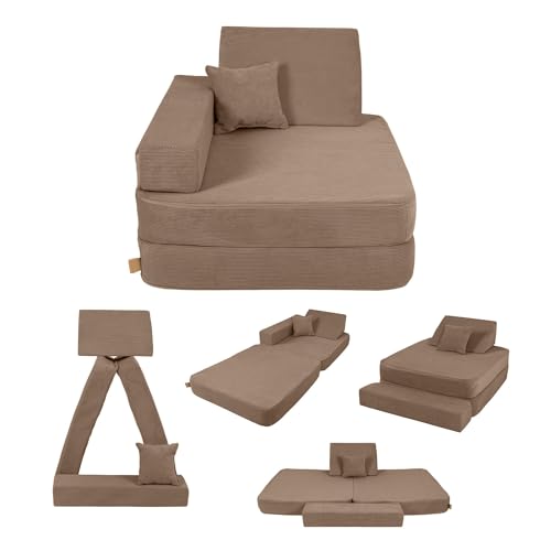 Angelove Kindersessel 3‑in‑1 - Faltbare Kindercouch & Spielmatratze aus Cord, Bequemer Spielsofa‑Sessel ab 1 Jahr, Braun