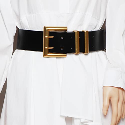 Women Wide Waist Belt Double Grommet With Gold Buckle Thick Leather Belt Cinch Retro Waistband Black,2.2" x 39.7"2