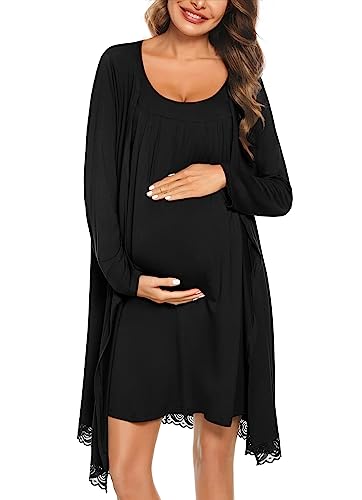Image of SWOMOG Women Maternity Nursing Nightgown Labor Delivery Robe Pregnancy Breastfeeding Gown Hospital Bathrobes Shrot Sleeve Dress