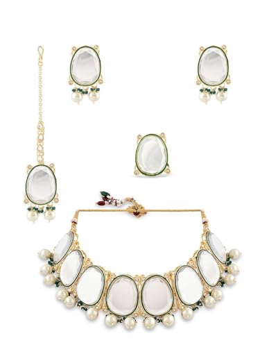 Juego de joyas Kundan con cuentas latón chapado en oro para mujer