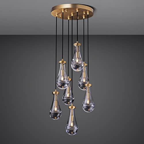 Joyunleo Brass Raindrop 7 Light Dining Room Pendant Light, Large Chandelier Adjustable Hanging Line, Living Room Pendant Light, Foyer Chandelier, Stairwell Pendant Lights, Bedroom