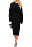 PRETTYGARDEN Womens 2024 Fall Two Piece Outfits Ribbed Knit Long Sleeve Pullover Sweater and Bodycon Midi Skirt Sets (Black,Large)