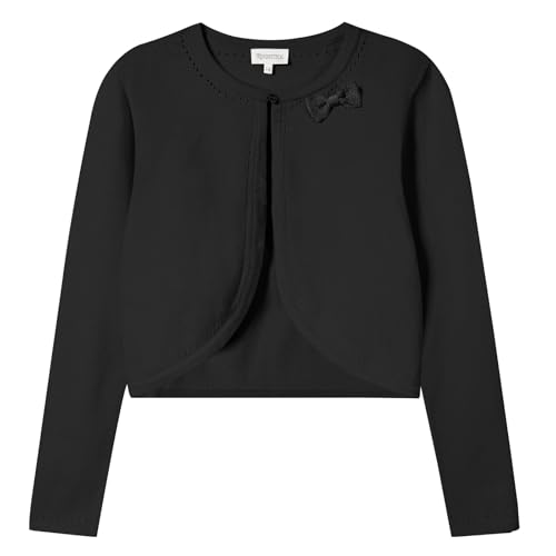 Girls' Cropped Long Sleeve Knitted Bolero Cardigan with Bowknot Button Closure - Kids' Shrug Sweater Jacket Outwear 5-6 Years Black