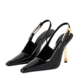 Vertundy Black Slingback Heels for Women - Closed Pointed Toe Stiletto Gold Heel Strap Buckle Sandals Party Wedding Bride Dress Pumps Size 7.5