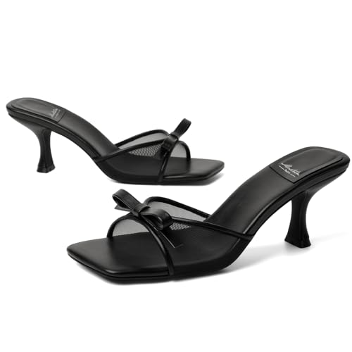 Image of Mostrin Kitten Heels for Women Round Toe Heels With Bow Vintage Mules Sexy Slip on Stiletto Backless Sandals for Party Daily