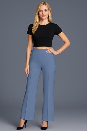 Image of SWADESI STUFF Women's High Waisted Bell Bottom Pants | Retro Wide Leg Trousers | Stretchy Flared Palazzo Pants for Office, Casual Wear & Party