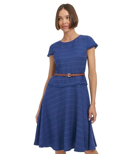 Image of Tommy Hilfiger Women's Short Sleeve Round Neck Solid Hopsack Weave Dress