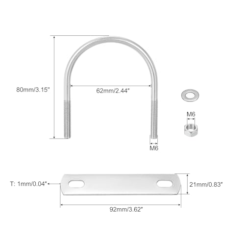 Image of uxcell Round U-Bolts, 4 Sets 62mm(2.44 inch) Inner Width 80mm Length M6 304 Stainless Steel U Clamp Bolt with Nuts and Plates, for Boat Trailer
