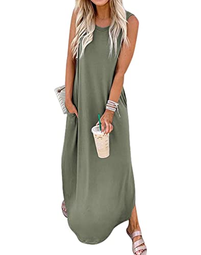 Robe d'été ample sans manches pour femme verte avec poches taille S
