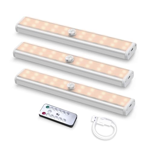3 PACK Lampe de Placard 20 LED Fansteck lampe sans fil Télécommandées USB rechargeable, Lumières LED de Nuit Adhésives Avec Bandeau Magnétique/Ajustement de la Luminosité/Timer Automatique On/Off