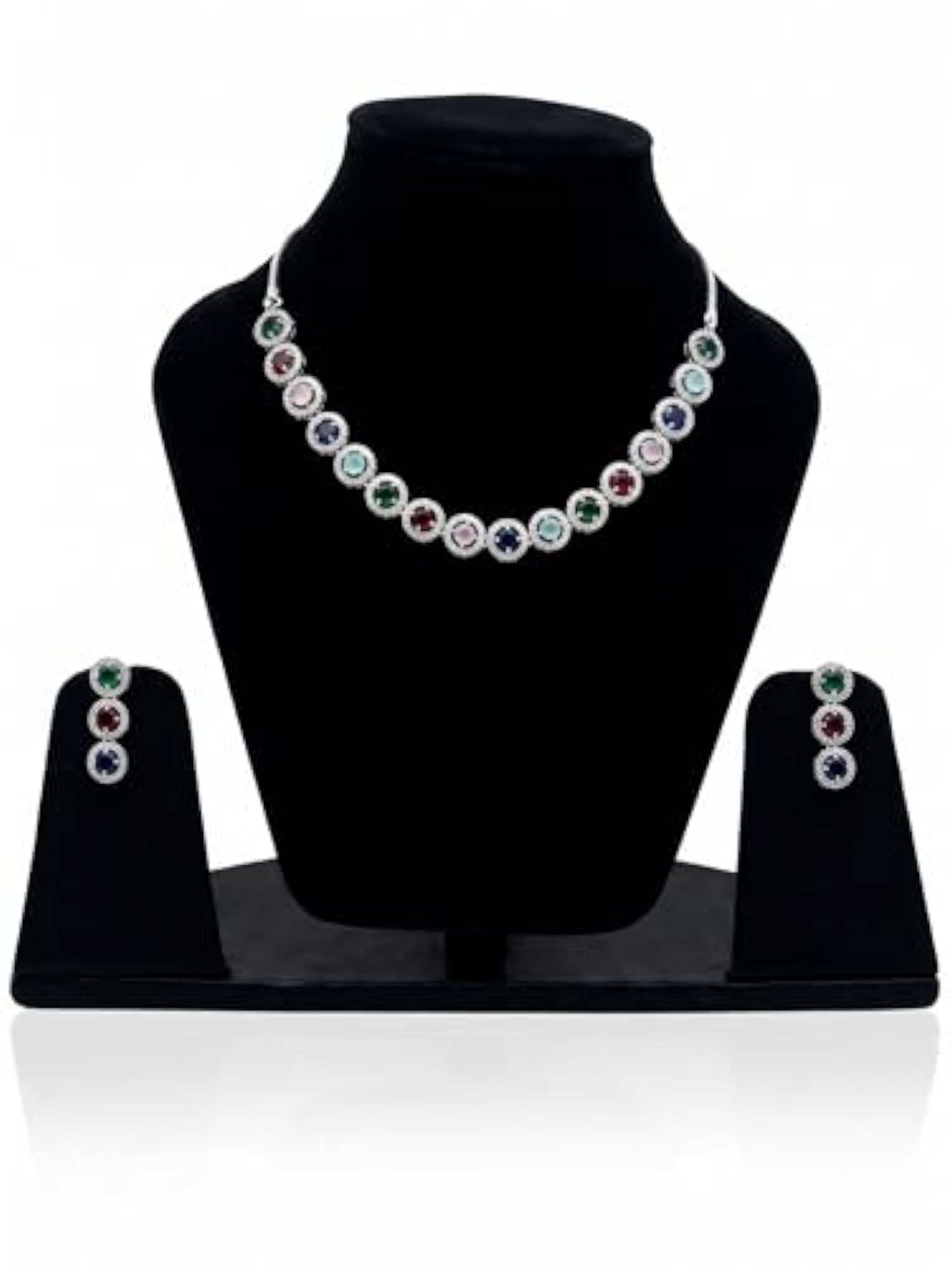 Couture Multicolour CZ Necklace and Earrings Set, Silver-Toned