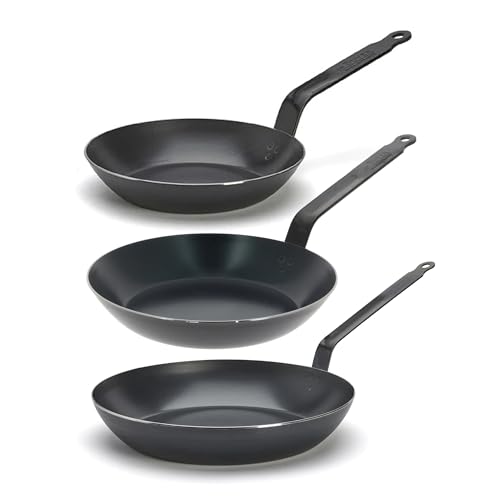 Image of de Buyer - Blue Carbon Steel Fry Pan Bundle - 2mm Thick - Includes 3 Pans - 8”, 10.25”, and 12.5” - Oven Safe - PFAS, PFOA & PFOS Free - Made in France