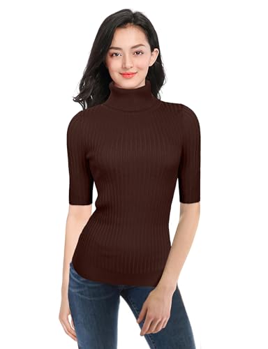 Image of v28 Women Turtleneck 1 /2 Half Sleeve Highly Stretchy Ribbed Knit Fitted Sweater